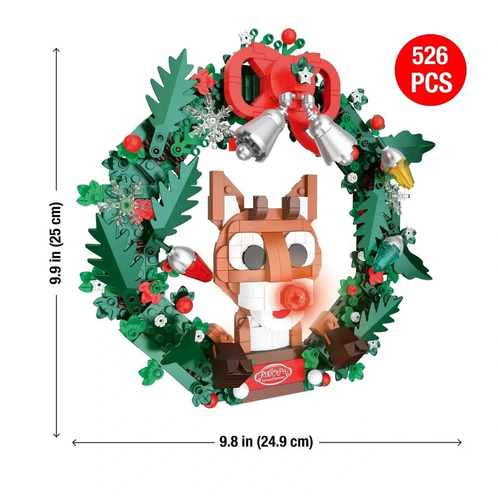 Rudolph the Red-Nosed Reindeer Light Up Holiday Wreath Building Bricks Set 526pc